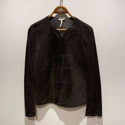 HERMÈS Giacca HERMES pelle di agnello scamosciata senza colletto logo H nera taglia 34 archivio vintage