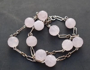 Chinese Carved Rose Quartz Longevity Shou Beads Sterling Silver Paper Clip Chain - Picture 1 of 9