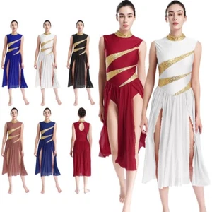 Shiny Sequins Women Cutout Back Lyrical Contemporary Dance Dress Costume - Picture 1 of 66