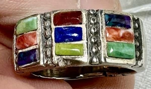 STERLING SILVER NATIVE AMERICAN INLAID MULTI GEMSTONE BAND RING SZ 6.5 - Picture 1 of 24