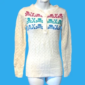 VINTAGE Y2K SWEATER skull fairisle punk pop kitschy fitted henley 90s top 4D - Picture 1 of 7