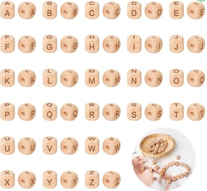 40 Natural Wood Alphabet Cube Beads 12mm Natural Unfinished Wood Brown Lettering - Picture 1 of 7