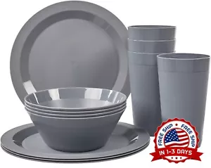 Juego De Plástica De Gres Para Gris 12 Piezas Platos Cuencos Y Tazas Para 4 NEW - Picture 1 of 8