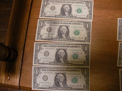  4 Fancy US Federal Reserve Currency $ 1 Dollar Note Rare Repeater Serial SMEAR - Image 1 of 4