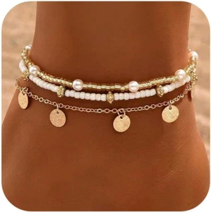 Shell Ankle Bracelet Set for Women, 14K Gold Boho Bead Adjustable Anklet, Hawaii - Picture 1 of 6