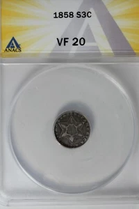 1858 .03 ANACS VF 20 STAR AND SHIELD three cent (3c), Trime - Picture 1 of 2