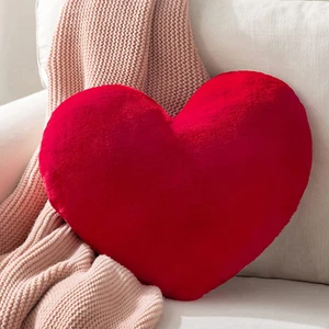 Red Heart Shaped Throw Pillow Faux Fur Rabbit 3D Fluffy Decorative 15 X 17 Inch - Picture 1 of 5