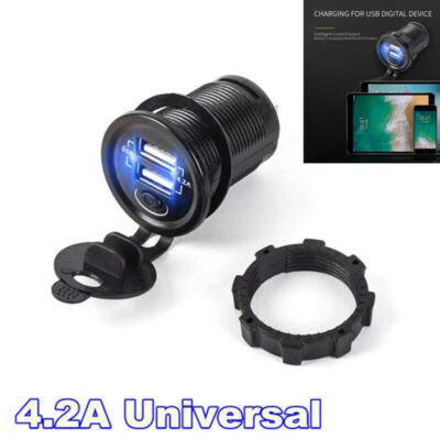 Car Fast Charger With Dual Port USB Socket 12-24V Input 5V 4.2A Outlet w/Switch - Image 1 of 4