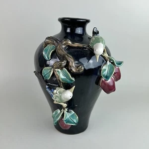 Vintage Flambe Glaze Majolica 13" Vase Birds & Fruit Blue Black No Cracks/Chips - Picture 1 of 12
