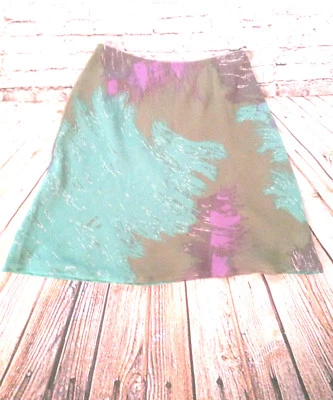 Falda acampanada KENAR 100 % seda para mujer talla 2 verde estampado abstracto transparente forrada corta  Foto 1 de 4