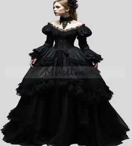 Victorian Bustle Black Gothic WeddingDress Halloween Costume Medieval Ethereal - Picture 1 of 9