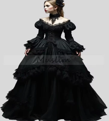 Victorian Bustle Black Gothic WeddingDress Halloween Costume Medieval Ethereal - Image 1 of 4