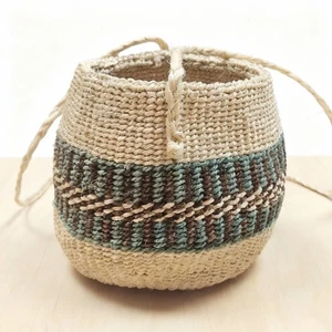 Vintage Hand Woven Milulu Grass Beige Green Blue Basket Kitchen Storage Planter - Picture 1 of 7