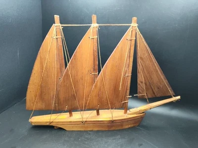 Vintage Wooden Fishing Schooner Model Handmade Wood Sails 14"L x 9.6"H x 1.5"W - Image 1 of 4
