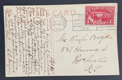 Portland, OR Post Card posted Sep 15, 1913 to Rochester, NY w/U.S. #Q1 tied - OR - Image 1 of 2