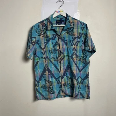Polo Ralph Lauren Shirt Mens M Blue Tiki Hawaiian Short Sleeve Cotton Button Up - image 1 of 4