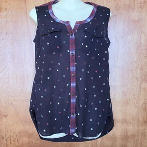 Eddie Bauer Sleeveless Top Sz S Navy Blue Red White Stars Plaid Trim 4th of July - Picture 1 of 8