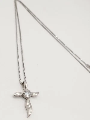 Collana Ciondolo Pendente Argento 925 Croce Ondulata Pietra Zircone Bianco - Immagine 1 di 4