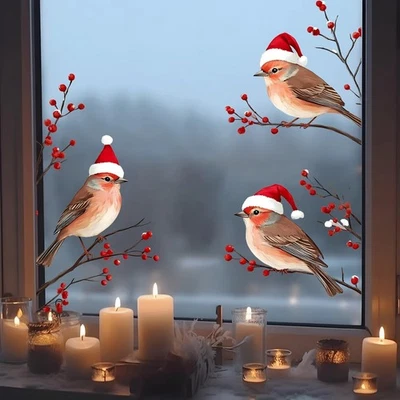 Three Birds in Santa Hats Window Sticker Christmas Red Berry Branch Glass  S9C0* - Image 1 of 4