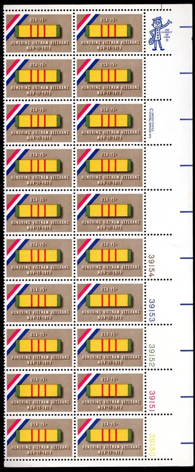 Scott #1802 Vietnam War Veterans Plate Block of 20 Stamps - MNH LR - Image 1 of 1