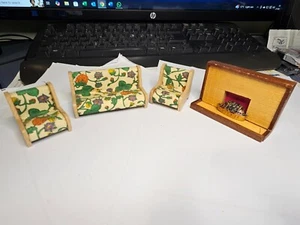 Vintage Doll's House Furniture 1970's Sofa Settee, Arm Chairs and fire Surround - Picture 1 of 16