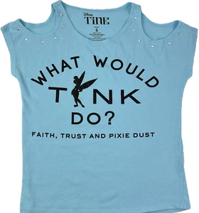 Disney Kids Blue Cotton Cold Shoulder Glitter Studded Tinker Bell T Shirt Sz S - Picture 1 of 2