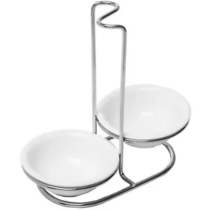 White Ceramic Kitchen Double Ladle Spoon Rest Holder with Stainless Steel Rack - Picture 1 of 6