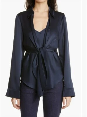 Camiseta sin mangas y blusa Cinq a Sept Ally de seda para mujer pequeña azul con lazo frontal manga larga Foto 1 de 4