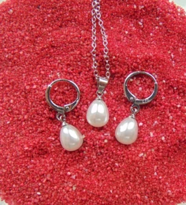 925 Silber Schmuck Set Kleine Süßwasser Perle Tropfen Kette Anhänger Creolen neu - Bild 1 von 4