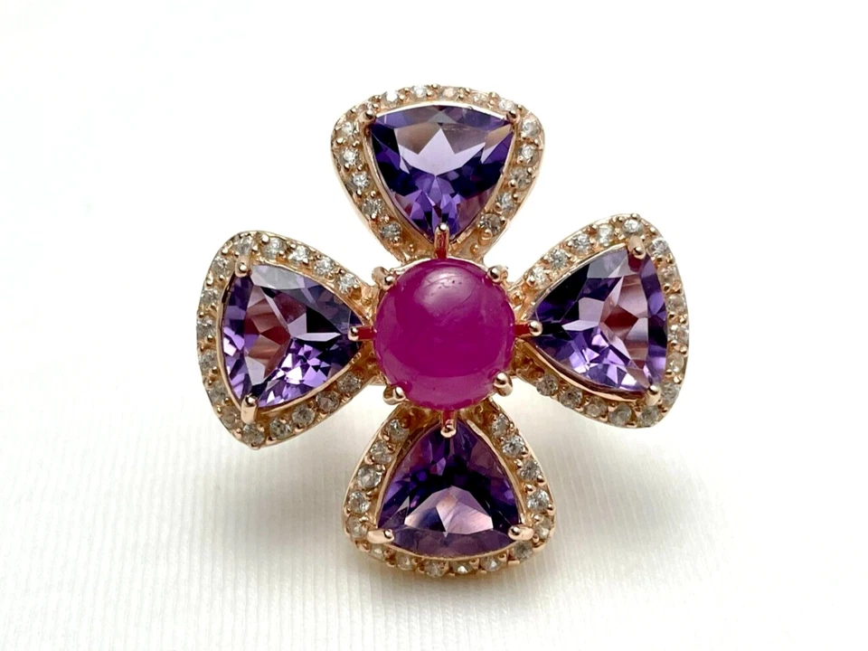 Ruby, Amethyst, Cross Rose Gold Plated Sterling Silver Ring - Image 1 of 4