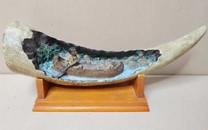 Resin Carving Native American in Canoe on River Inside Antler with Wooden Stand - Picture 1 of 12