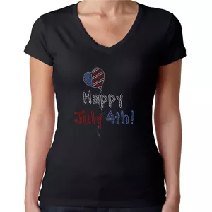 Womens T-Shirt Rhinestone Bling Black Fitted Tee Happy 4th of July Balloon Heart - Picture 1 of 1