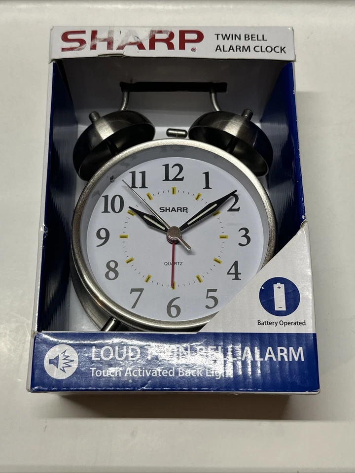 NEW SHARP Twin Bell Alarm Clock Silver Battery Operated Loud Alarm Backlight - Image 1 of 2