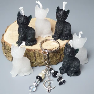 BLACK & WHITE Magic CAT Spell Candles. Set Of 6 with a Gemstone Keyring - Picture 1 of 9