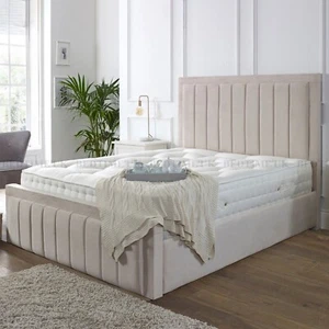 New Manor Panel Plush Velvet Upholstered Bed Frame with Storage and Mattress - Picture 1 of 19