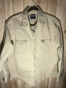 VTG Wrangler Pearl Snap Canvas Shirt Mens 17 35 Western Tan Heavy Thick - Picture 1 of 9