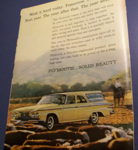 1961 Plymouth Fury Station Wagon large-mag car ad "Work it hard today. Tomorrow"
