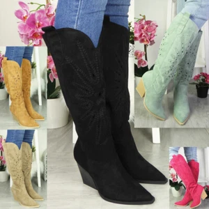 Cowboy Boots Shoes Ladies Western Faux Suede Mid Calf Zip Heel Comfy Womens Knee - Picture 1 of 49