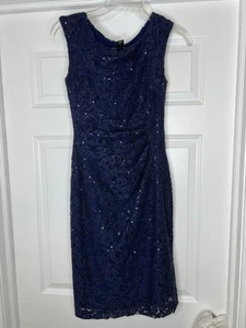Lauren Ralph Lauren Dress Women 0 Blue Sequin Lace Sheath Ruched Sleeveless New - Picture 1 of 10