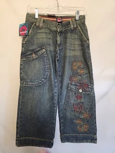 Vintage Fiorucci Wide Leg Jean Capris Womens Sz 5 Blue Wide Leg Embroidered 80s - Picture 1 of 3