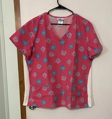 SB Scrubs Women's Pink Scrub Top With Elephant Design Size Large - Image 1 of 4