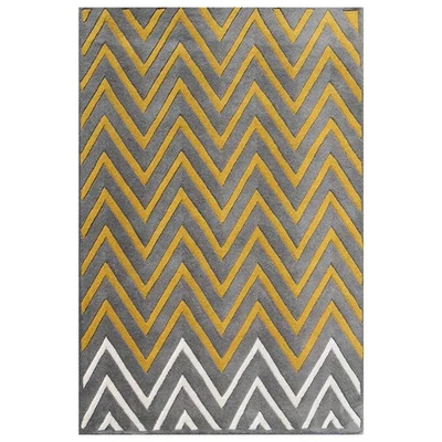 Grey Yellow White Hand Tufted Area Rug 5x8 Modern Chevron Zigzag Pattern Soft - Image 1 of 4