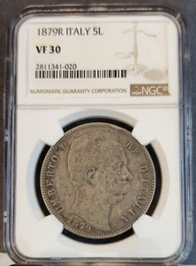 1879 R ITALY SILVER 5 LIRA 5L UMBERTO I NGC VF 30 SCARCE GREAT LOOKING COIN - Picture 1 of 3