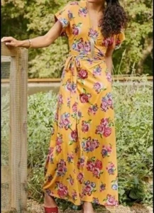 Neu Matilda Jane Alana Maxikleid senfgelb Blumen Wickel S Boho Hippie Chic - Bild 1 von 11