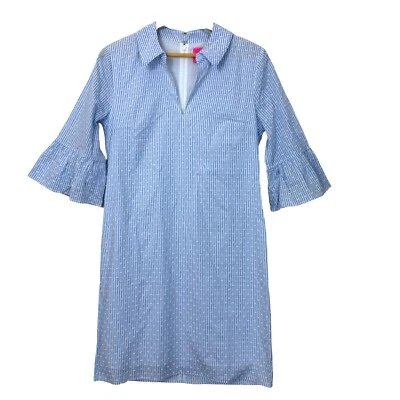 Lilly Pulitzer Ginger Shift Dress Sz 6 Bell Sleeves Blue White Stripe Seersucker - Image 1 of 4