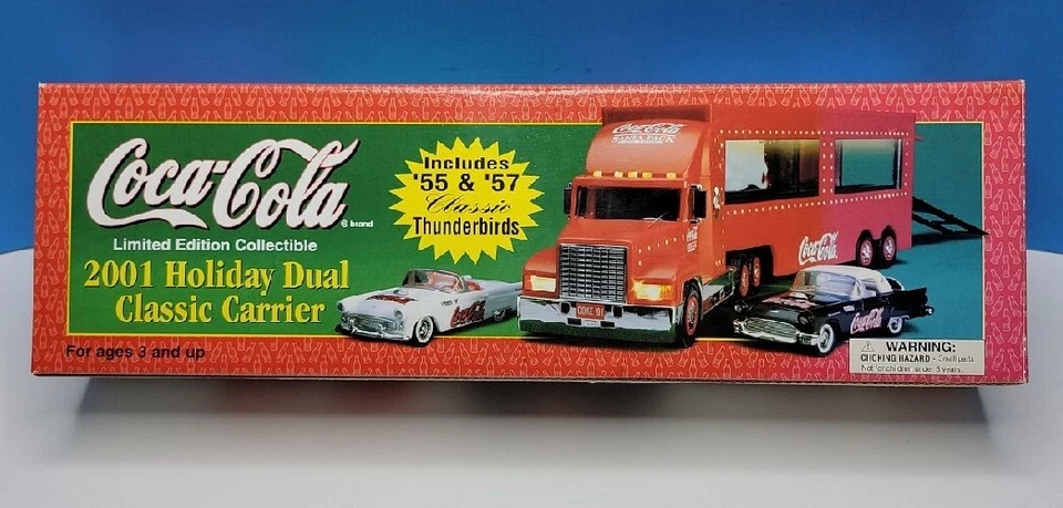 Coca-Cola 2001 Holiday Dual Classic Carrier Truck W/ 55 and 57 Ford Thunderbirds