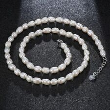 White Rice Pearl Smooth Barrel Shape Beaded 18" Beautiful Girls Woman Necklace
