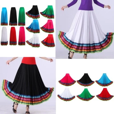 Womens Colorful Stripe Hem Lyrical Dance Skirt Elastic Waistband Pleated AU - Image 1 of 4