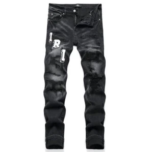 Herren schwarz Denim Baumwolle gerades Bein Jeans Buchstaben Dekor zerrissen Hose Trousers - Bild 1 von 10