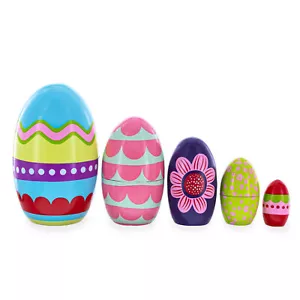 Set of 5 Colorful Easter Eggs Pysanky Wooden Nesting Dolls 5 Inches - Picture 1 of 4